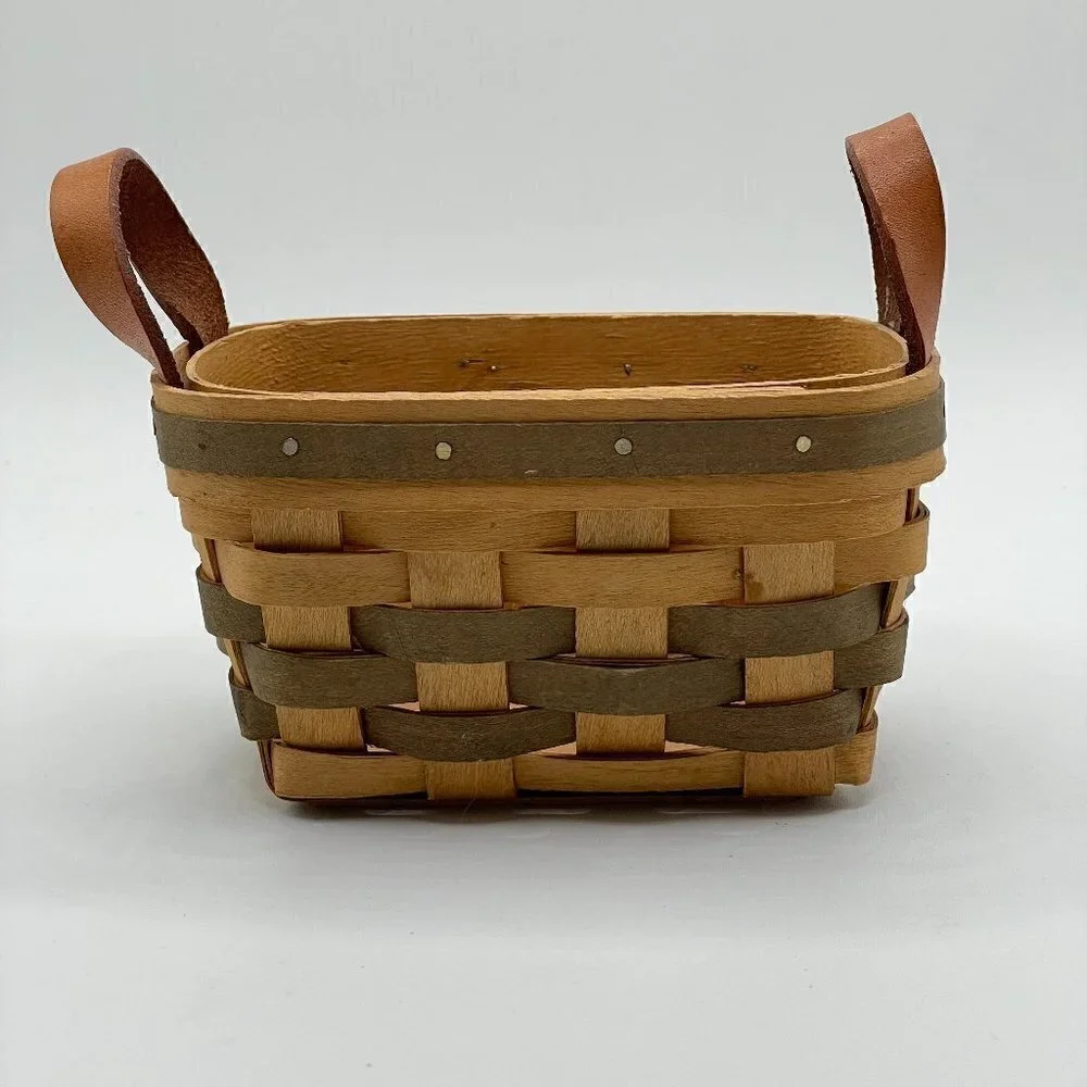 Bradford Basket Vintage Signed 1994 Handwoven Leather Handle Green Trim Basket
